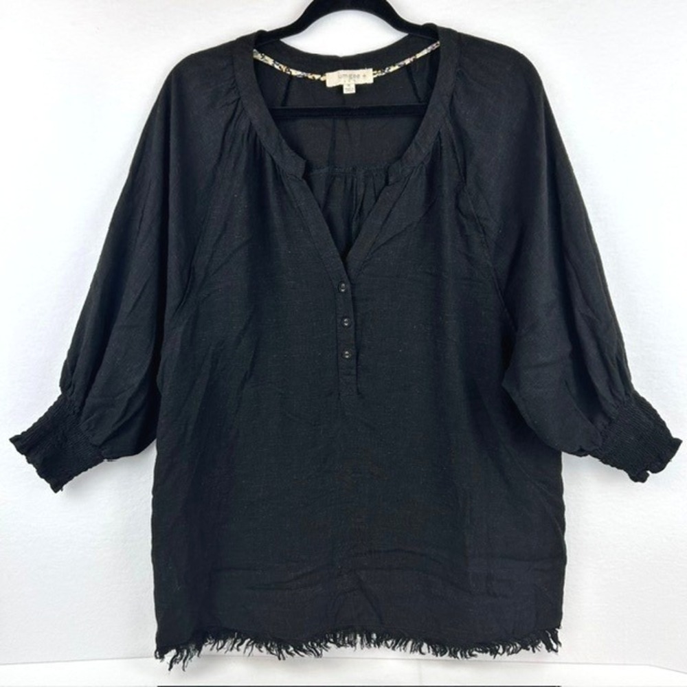 Umgee Plus Tunic Blouse Black Frayed Hem Smocked Cuff Boho Women XL